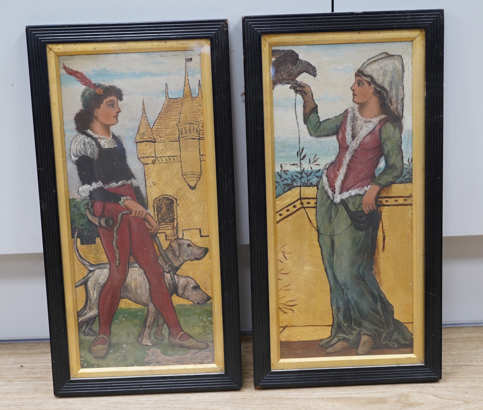 Arts and Crafts, pair of gilt and oils on board, Medieval style figures, unsigned, each 38 x 16cm. Condition - good